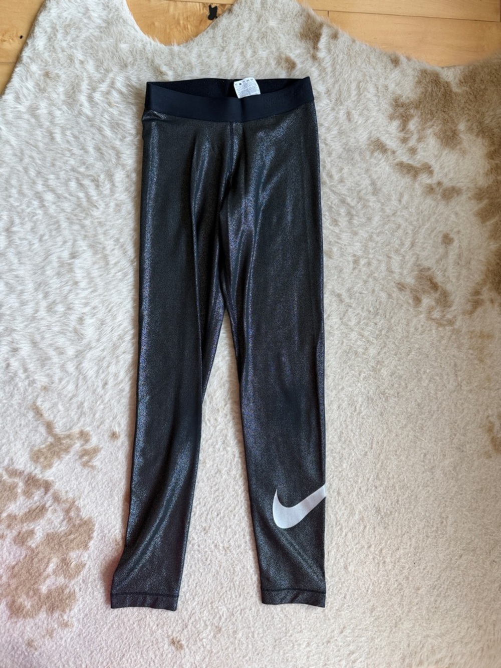 Nike Black Shimmer Girls' Athletic Leggings with Silver Swoosh